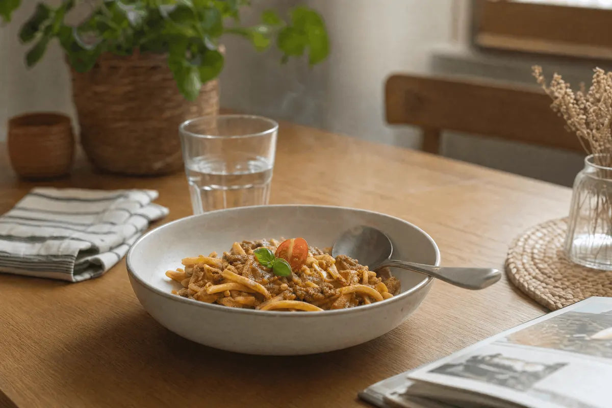 Pasta Bolognese mit Rind, zubereitet und dampfend in einer Schüssel
