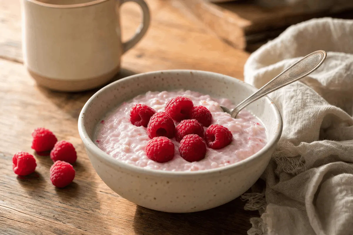 Rice Pudding with Raspberries, zubereitet in einer Schüssel
