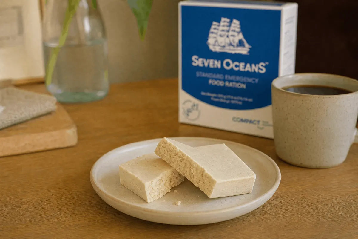 Seven Oceans Ration-Riegel auf einem Teller, dahinter die Packung