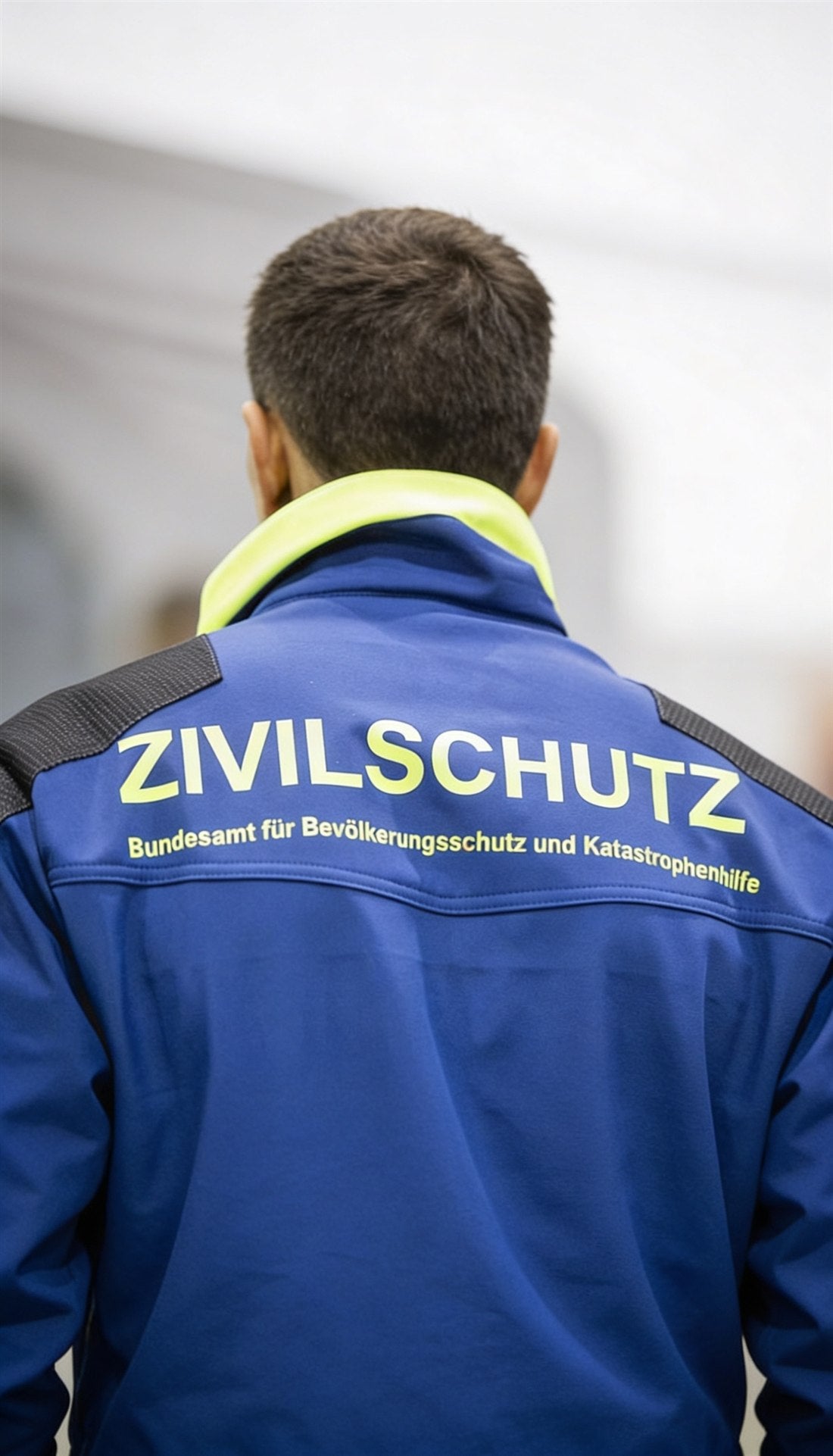 Rückansicht einer Person mit Zivilschutz-Jacke des Bundesamts für Bevölkerungsschutz und Katastrophenhilfe