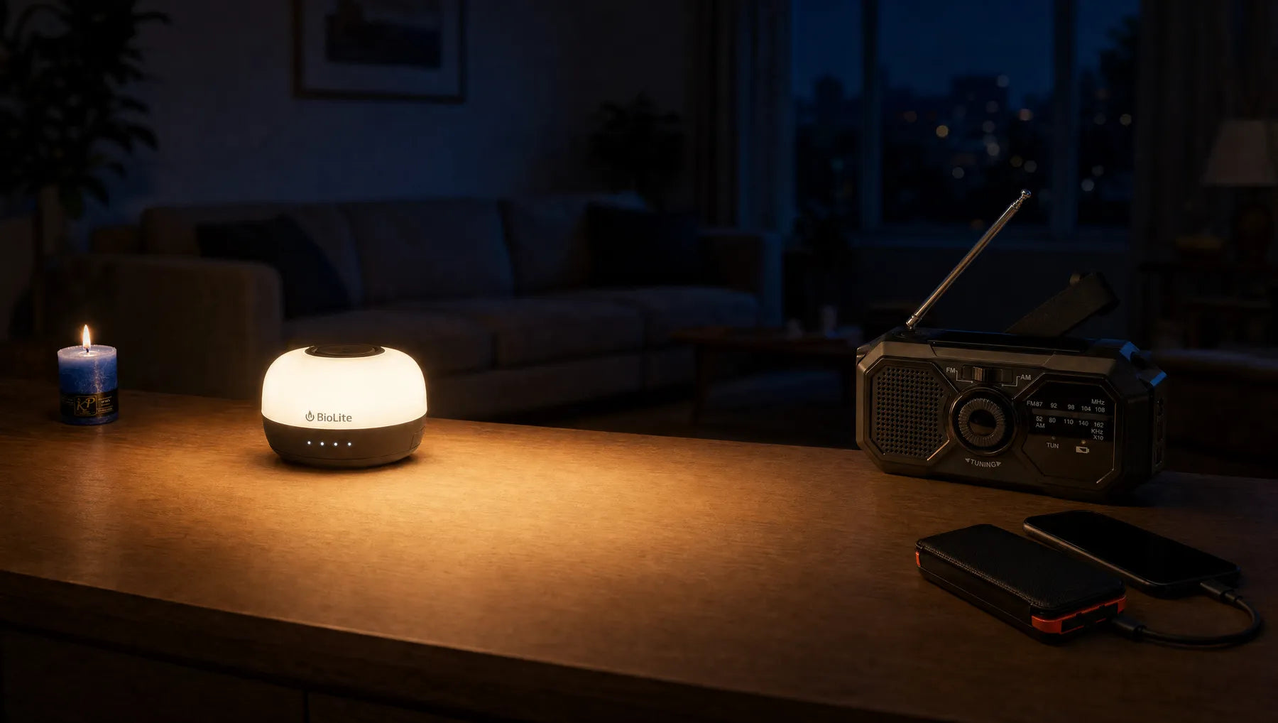 Wohnzimmer im Stromausfall: die BioLite-Laterne leuchtet, daneben Kerze, Kurbelradio und Powerbank mit Handy