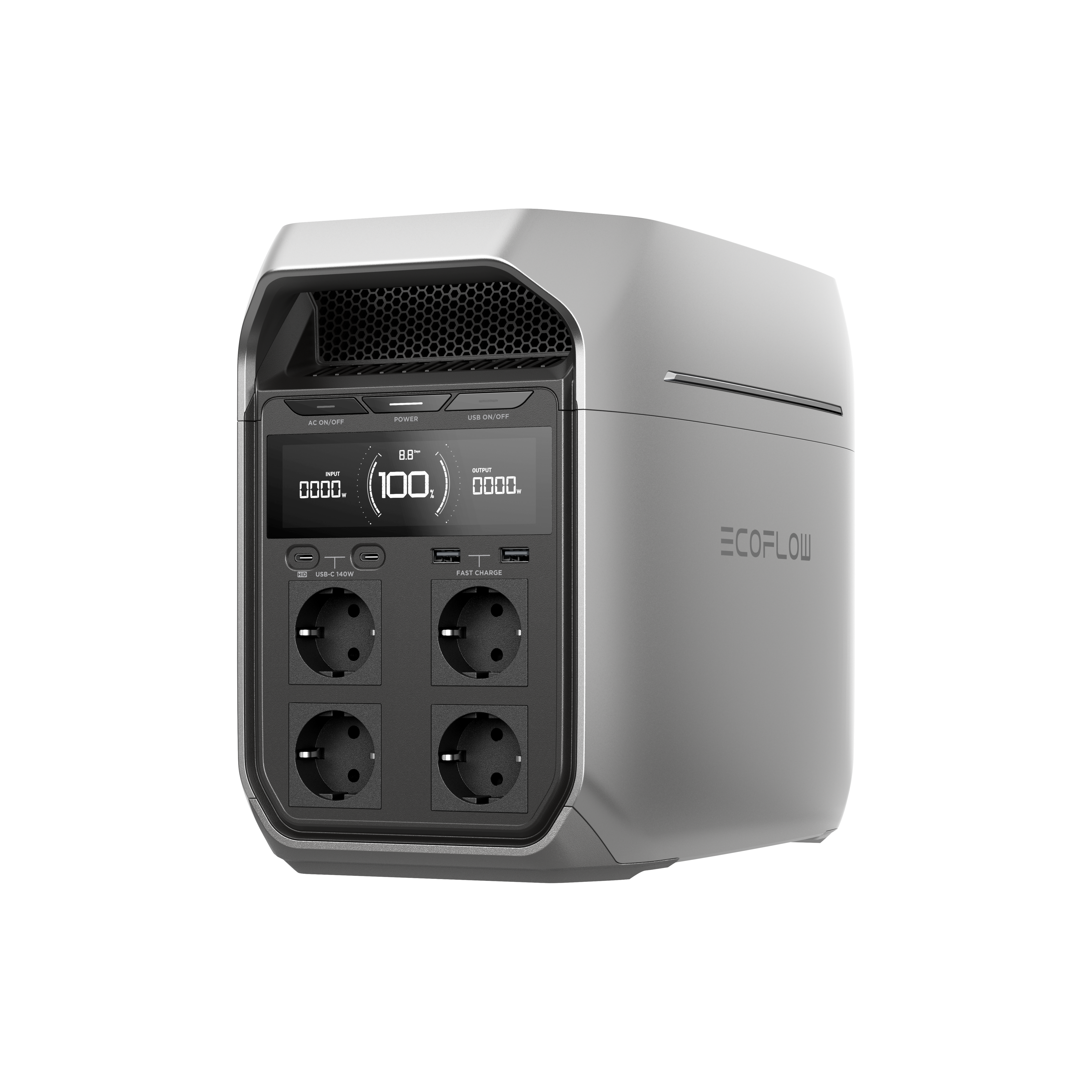 EcoFlow DELTA 3 Plus Powerstation - Frontansicht mit EU-Steckdosen