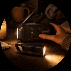 Signal One Radio und KineticBeam Lampe an bei Kerzenlicht