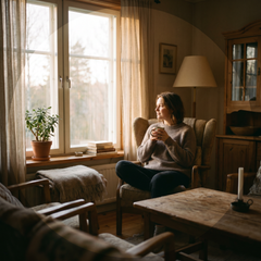 Person mit Tasse am Fenster