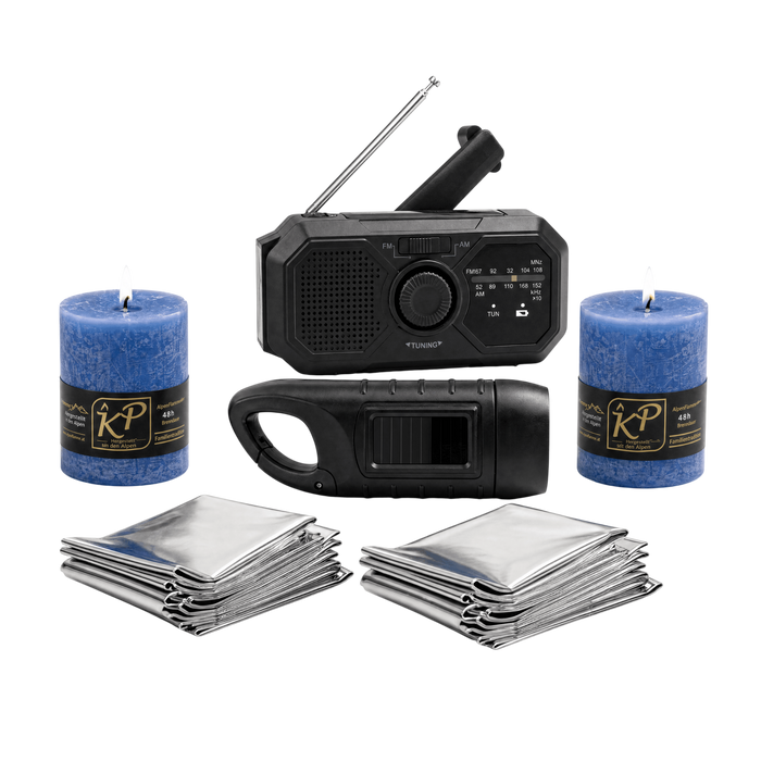 BlackoutBox Essential — Radio, Kurbellampe, Kerzen und Rettungsdecken