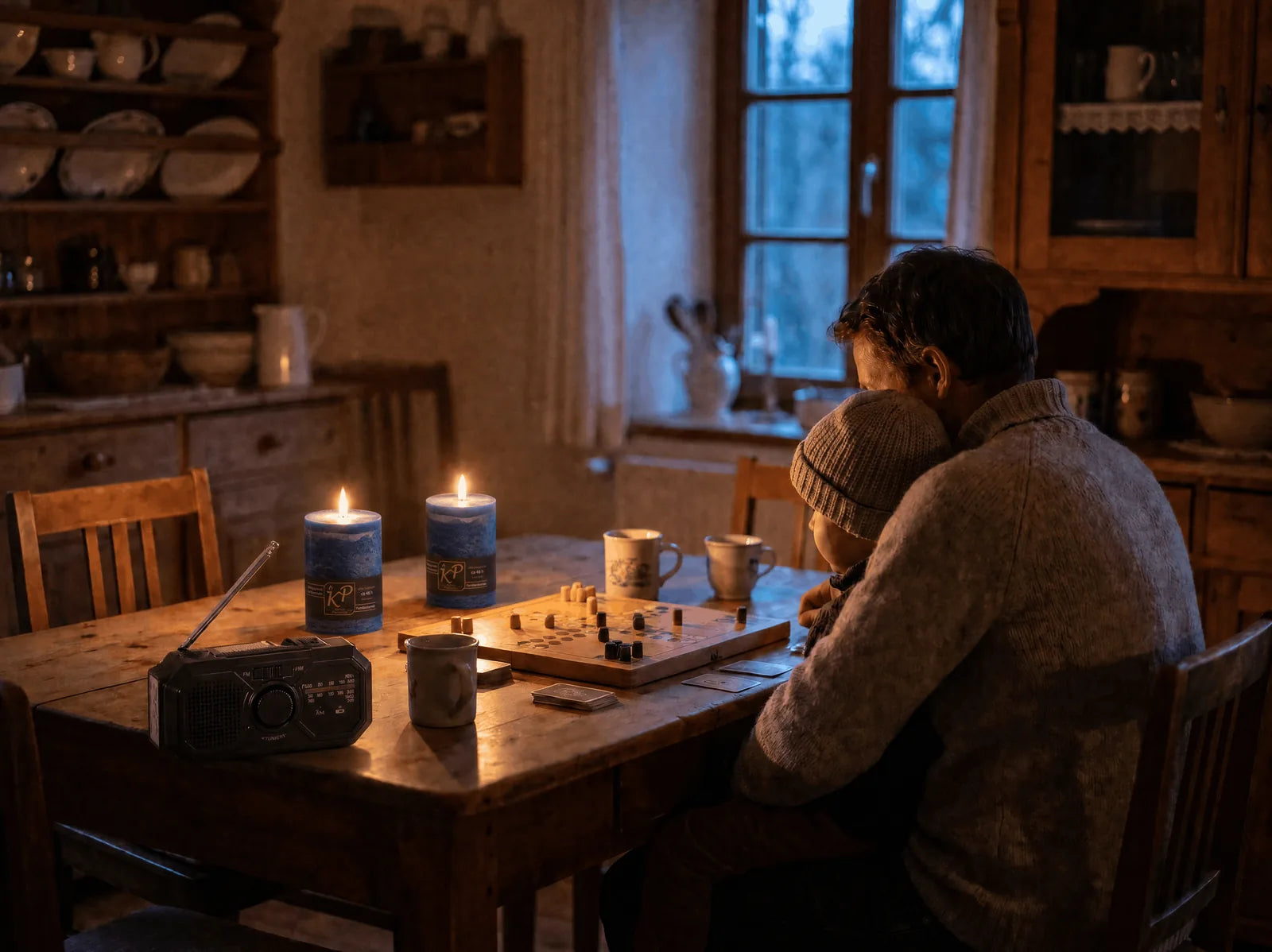 Eltern und Kind spielen abends bei Kerzenlicht ein Brettspiel — mit Notfallradio und AlpenFlamme-Kerzen auf dem Tisch