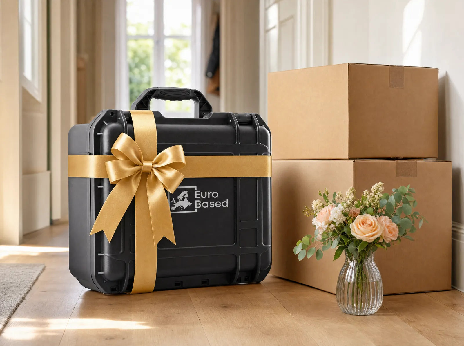 BlackoutBox Basic mit Geschenkschleife im Flur einer neuen Wohnung