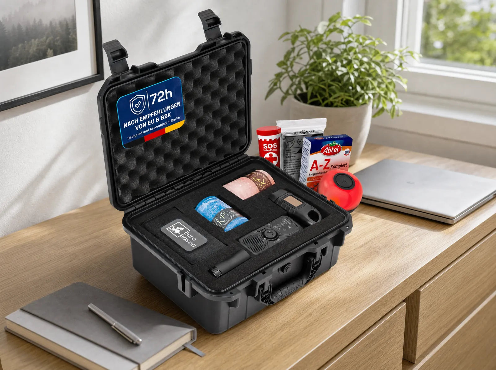 BlackoutBox Basic Hardcase auf dem Sideboard in einem hellen Homeoffice