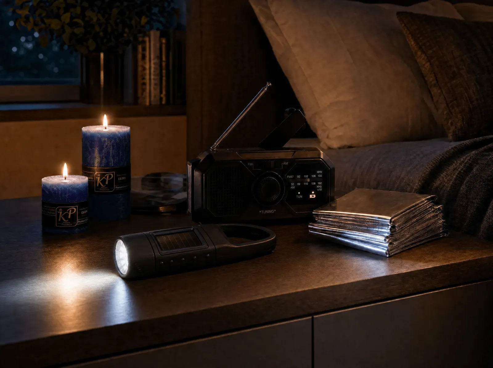 Essential-Komponenten am Abend auf dem Nachttisch: Kerzen, Kurbelradio, Taschenlampe