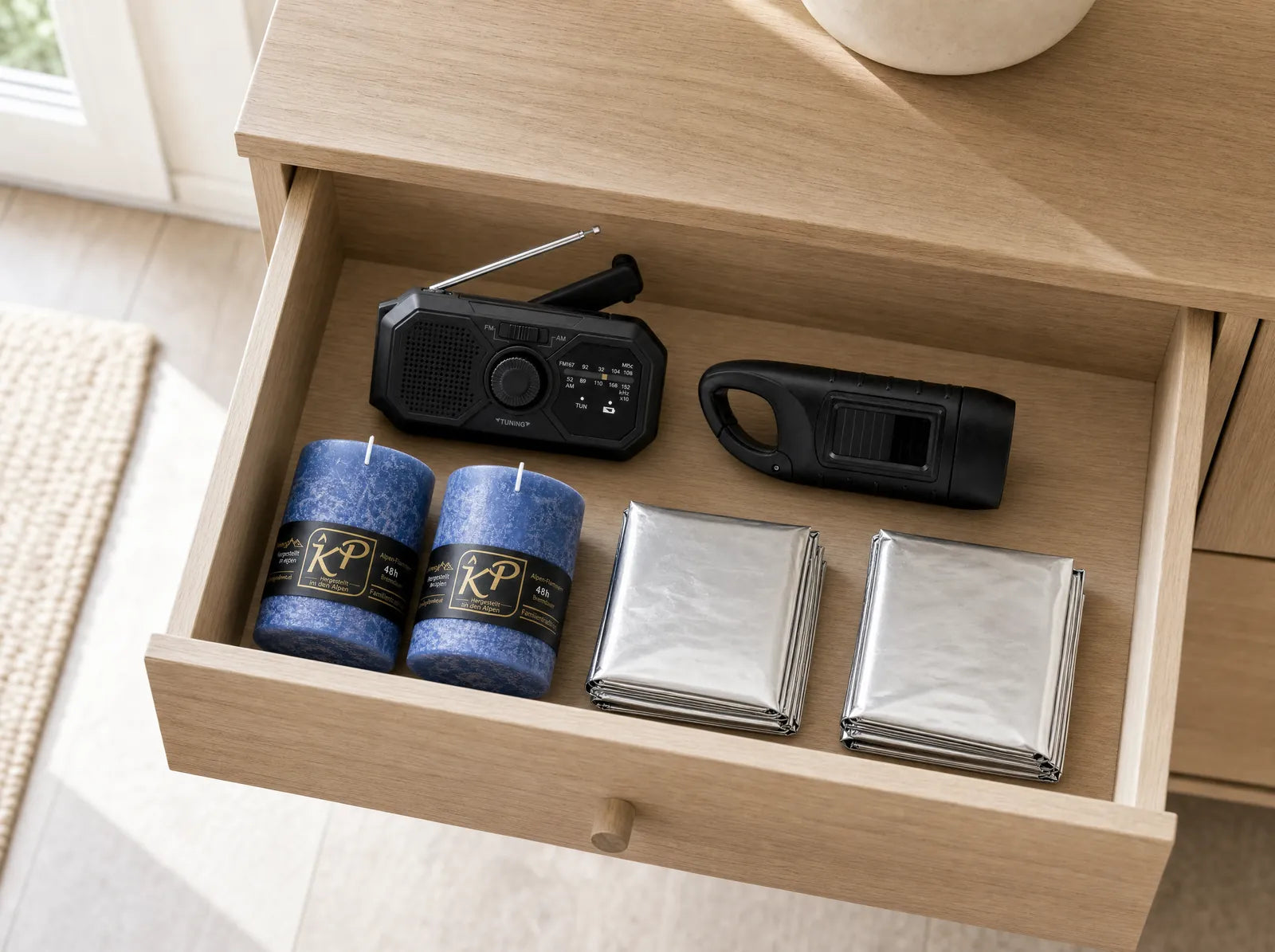 Offene Schublade mit vorhandener Ausrüstung: Taschenlampe, Batterien, Powerbank, Erste-Hilfe-Täschchen