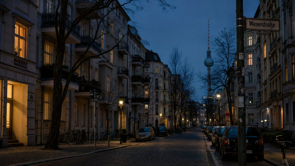 Berliner Wohnstraße zur blauen Stunde — ein ruhiger Abend, an dem der Strom fehlen kann