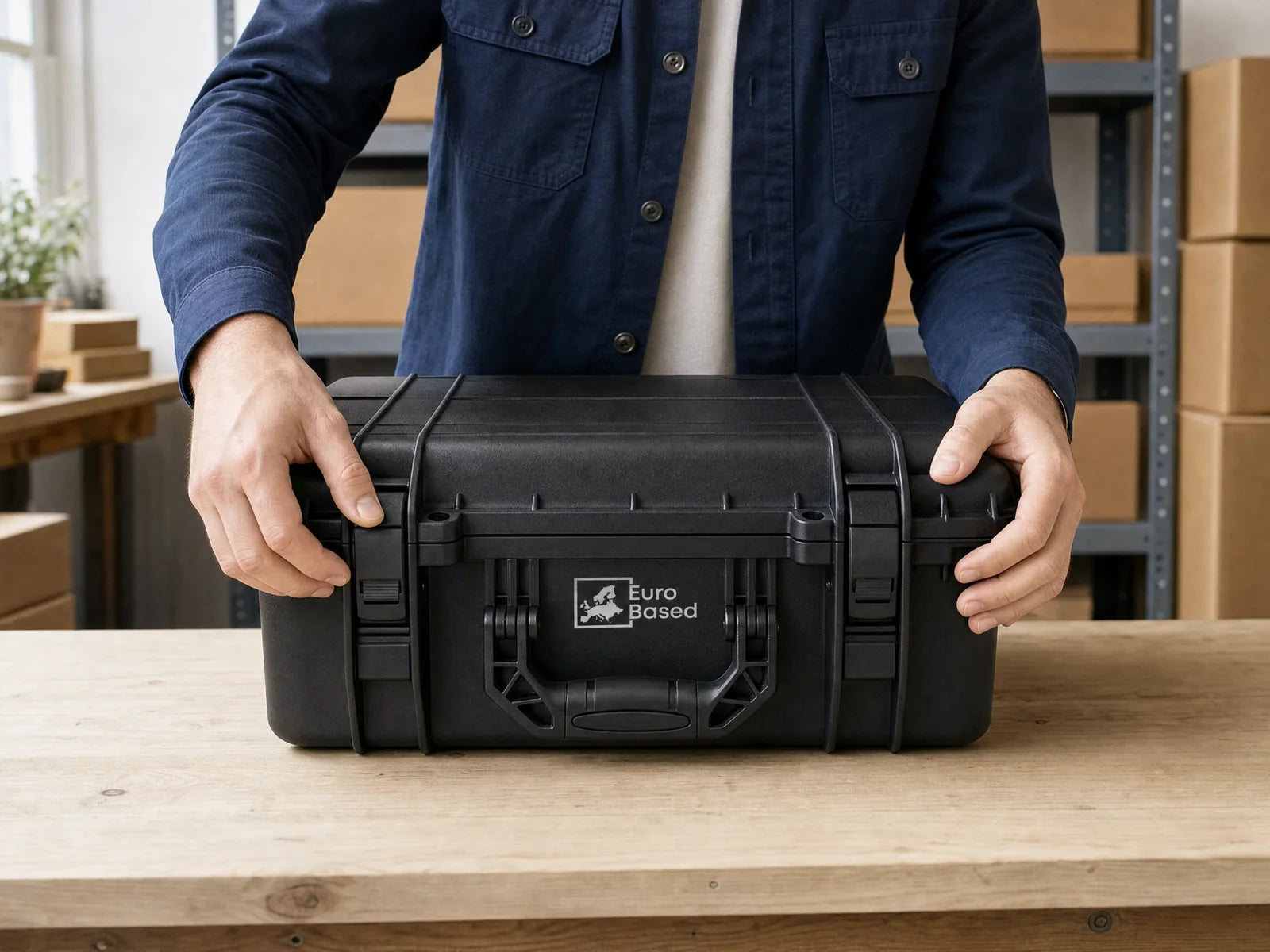 Geschlossene BlackoutBox Premium bei der abschließenden Kontrolle an einem Packtisch