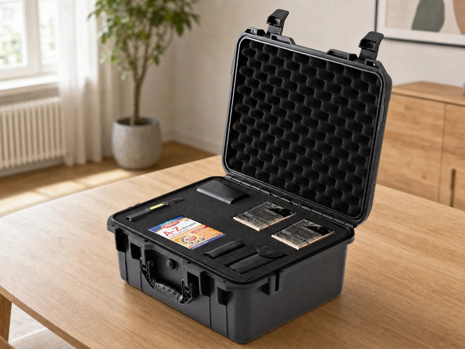 Geöffnete BlackoutBox Premium mit der korrekt bestückten oberen Schaumstofflage