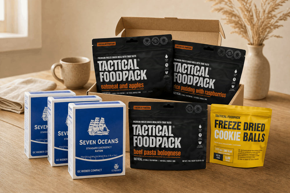 NutriBox 72h — geöffnete Box mit Seven Oceans Rationen und Tactical Foodpack Komponenten