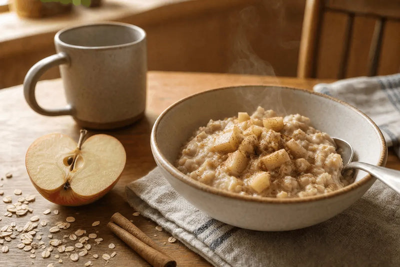Haferbrei mit Apfelstücken und Zimt, daneben ein halber Apfel